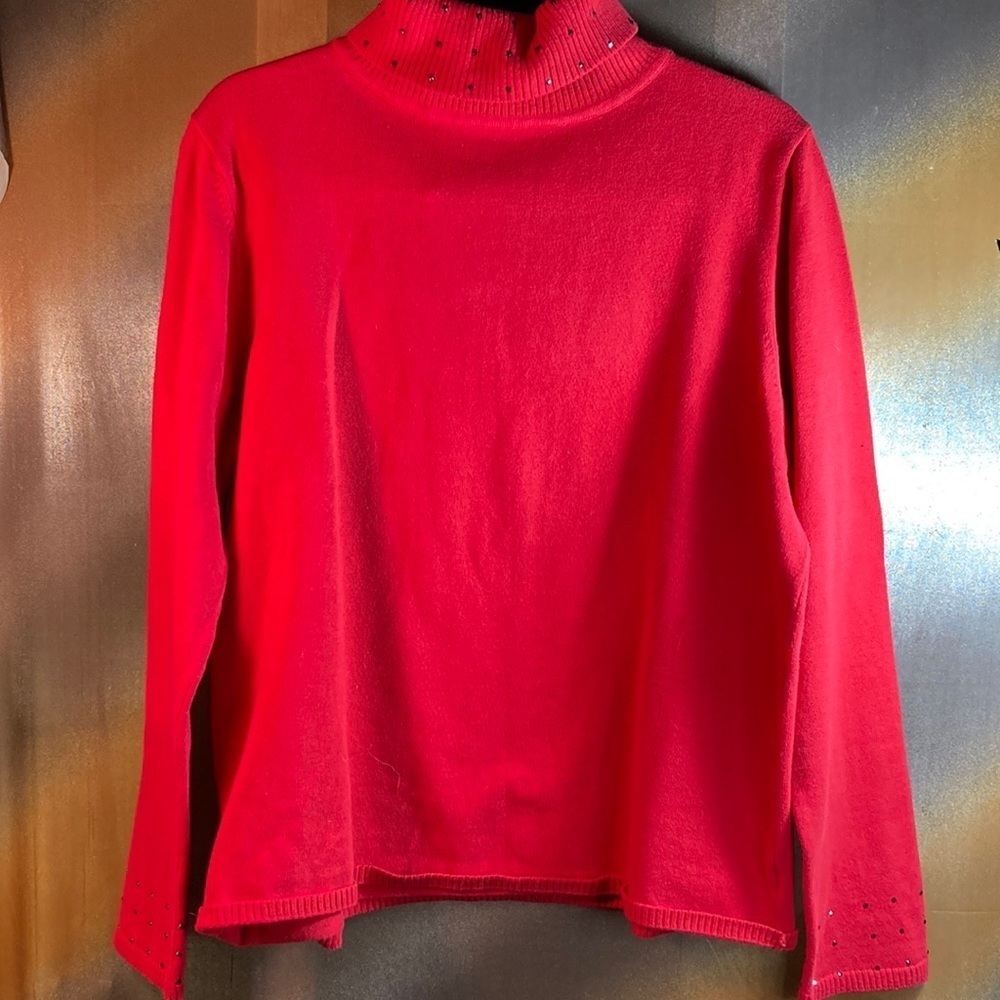 Vintage 90’s Christine Alexander L red turtleneck with crystal neck & sleeves F